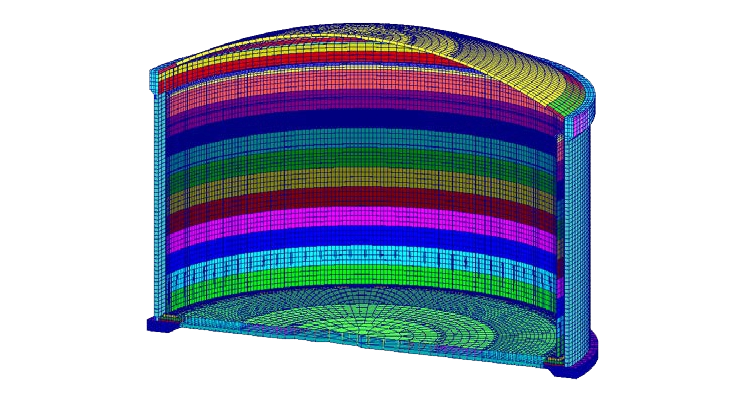 Выполнение расчетов железобетонного корпуса резервуара в общей схеме с учетом опорных конструкций и конструкций внутреннего стального резервуара